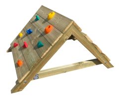 small outdoor climbing frame with coloured hand and foot holds